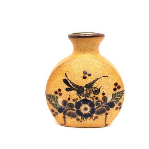 Vintage Mexican Tonala Netzi Pottery Bud Vase Mid Century Bird Floral Design - Picture 3 of 9